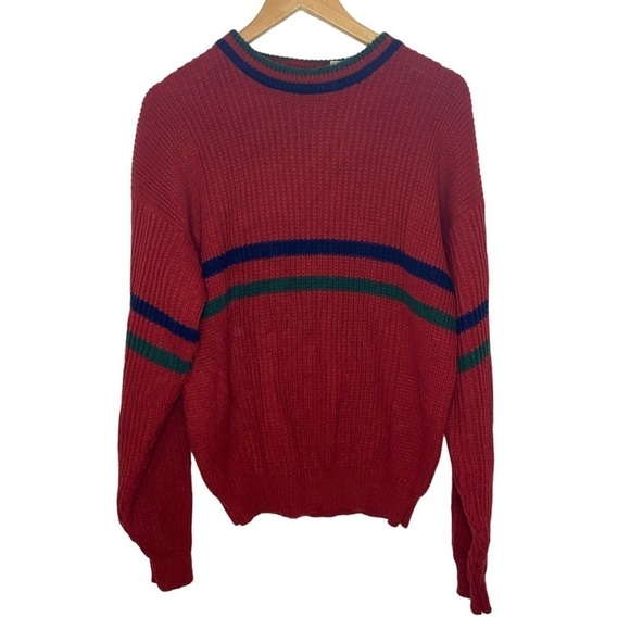 Vintage Red 90s Trent Sport Long Sleeve Crewneck Sweater Blue Green Stripes - Picture 1 of 4